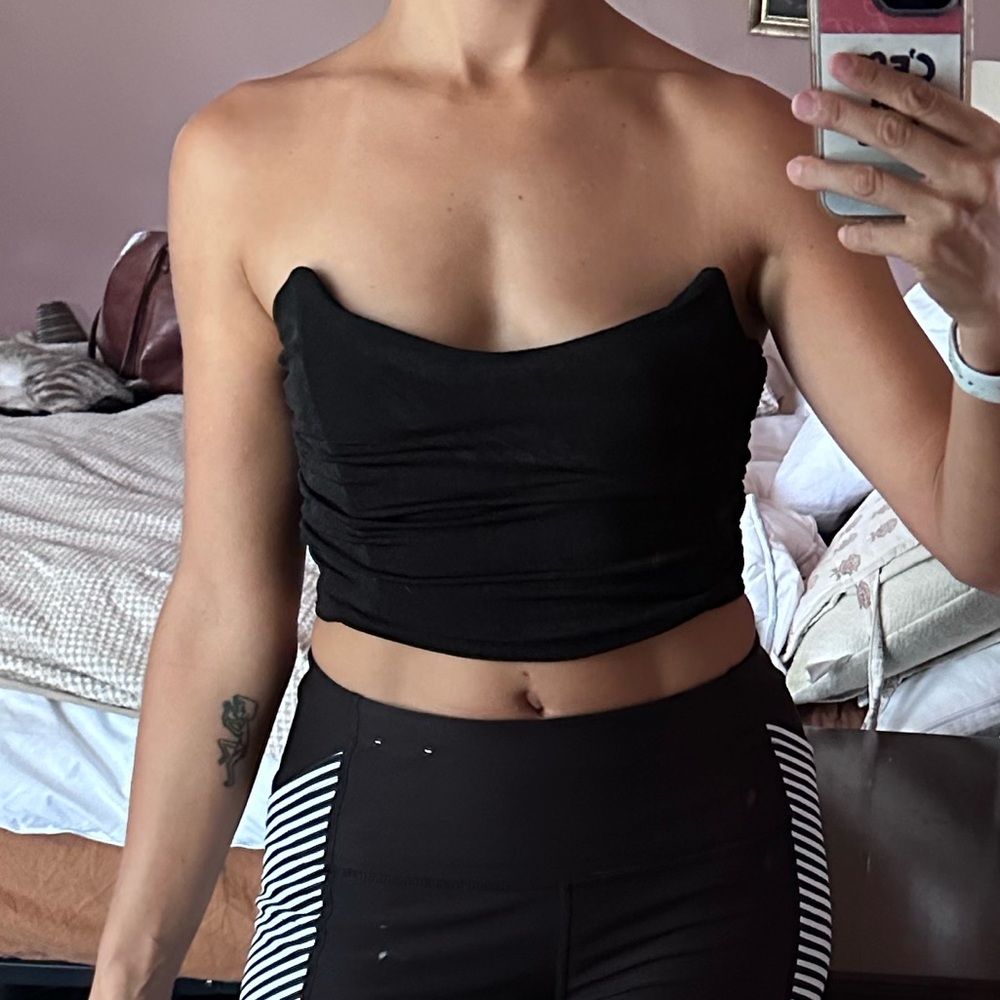 MARBLE zip up strapless black top